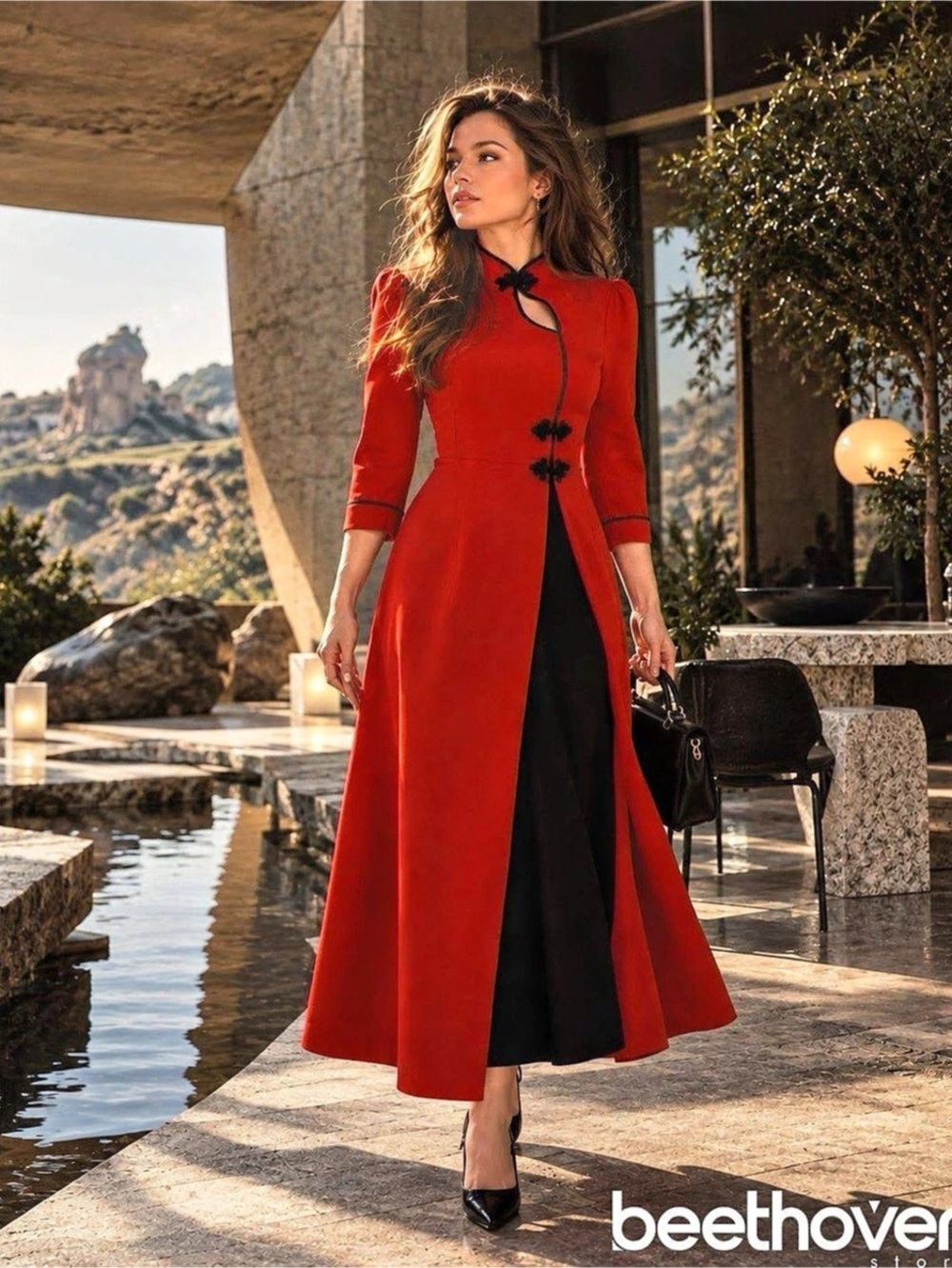Color Block Maxi Dress in Red & Black New